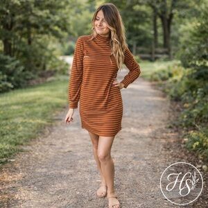 Knot Sisters Clare Turtleneck Dress Burnt Orange & Cream Stripe – Size Small
